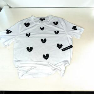 White T-Shirt Black Heart Appliques Pearl Accents Womens Small Cute Casual Top